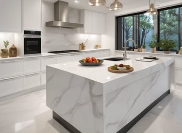 A modern kitchen countertop featuring a cream-colored stand mixer with a stainless steel bowl. The marble backsplash adds elegance to the setting. Above, three sleek pots with lush green basil plants are mounted on the wall. Nearby, there are clear glass jars with wooden lids, a roll of paper towels, and an electrical outlet.