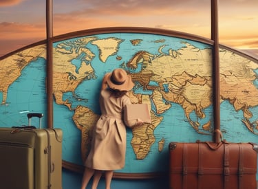 A plaid suitcase is topped with a detailed city map, a magnifying glass for close inspection, a pair of sunglasses, and a passport.