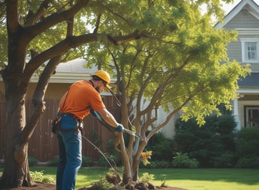 A professional landscaper trimming a tree in a residential garden.