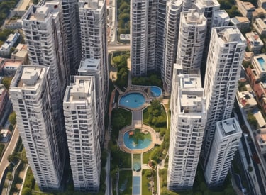 A bustling street in Chennai with real estate signs.