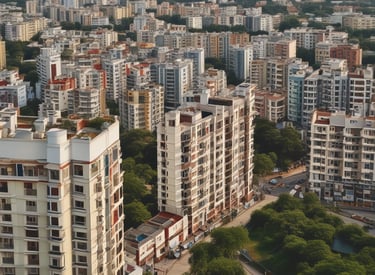 A modern city skyline showcasing residential buildings.