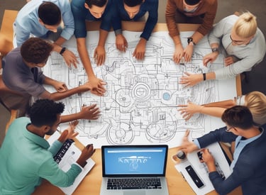 A team collaborating on a project with technology.