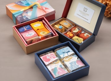Corporate gift boxes arranged on a modern office table.