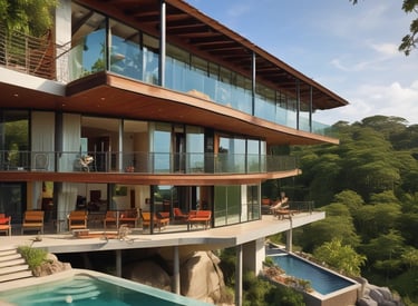 The image features a modern building facade with a brick pattern. The structure includes large windows and balconies with potted plants and small decorative objects. The architecture emphasizes vertical lines and a grid-like design using beige and brown tones.