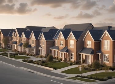 A row of storage units with bright orange roll-up doors and a brick facade. The structure is aligned in a straight row, adjacent to an asphalt driveway. The sky is clear with some clouds, adding a sense of openness to the scene.