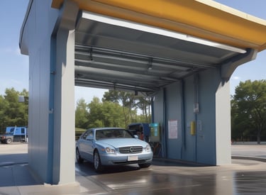 A row of storage units with bright orange roll-up doors and a brick facade. The structure is aligned in a straight row, adjacent to an asphalt driveway. The sky is clear with some clouds, adding a sense of openness to the scene.