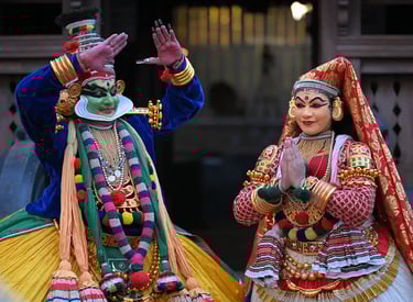 Traditional Kathakali performance in Kerala with elaborate makeup and costume.