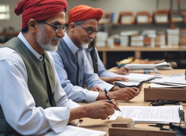 A group of MSME owners reviewing digital certificates on tablets in a modern office.