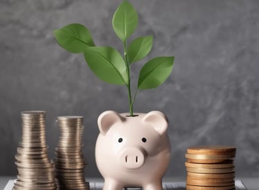 A laptop with a financial website open is centered on a white table. The screen displays a mint green background with text related to commission-free stock trading, accompanied by a gold object resembling a bridge. To the left, a smartphone displays a financial app with a graph and monetary figure. A cup of coffee sits on the right side, adding a casual work environment atmosphere.