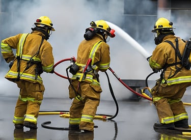 a group of firefighters in full gear with hoses