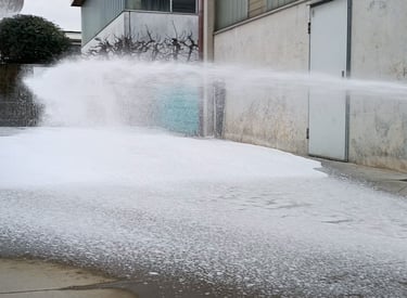 a fire hydrant spraying cafs foam on a sidewalk