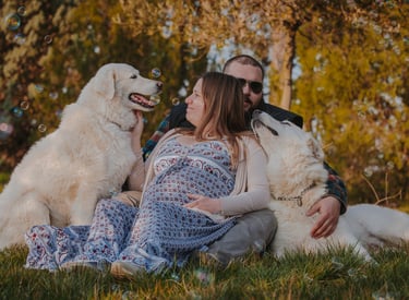 donna incinta con uomo e due cani
