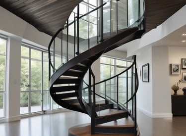 A spiral staircase viewed from the top perspective, showcasing a circular design that narrows towards the center. The steps are made of a smooth material and the railing is sleek, creating an elegant and modern aesthetic.