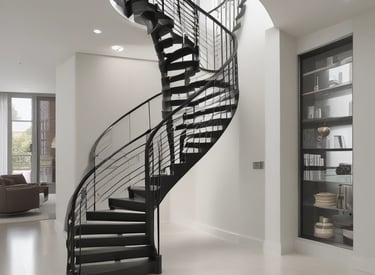 An architectural spiral staircase incorporating curves and glass elements, creating a modern and dynamic interior design. The structure spirals upwards with a combination of metal railings and glass panels, reflecting light and shadow playfully.