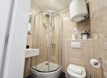 Bathroom with shower, sink and toilet bowl