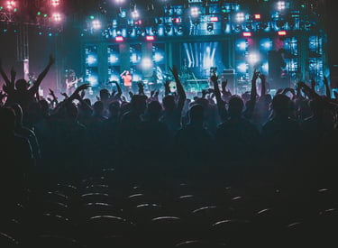 Eine große Menschenmenge die vor einer Bühne steht wo live Musik gespielt wird.