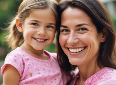 A young child with short, dark hair and a small decorative mark on their forehead is wearing a bright pink top with black lettering and dark jeans. They are held gently by an adult's hand adorned with rings and bracelets, complementing the child’s bracelets. The background is neutral and unobtrusive.