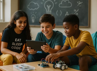 a group of children playing with a tablet computer