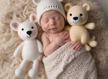 A beautifully arranged display of handmade crochet items in various colors.