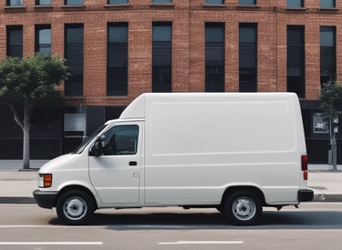 A delivery van parked outside a modern office building.