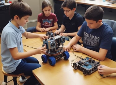 A vibrant classroom filled with kids learning robotics.
