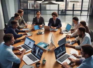 A team of IT professionals collaborating around a conference table with laptops and digital devices.