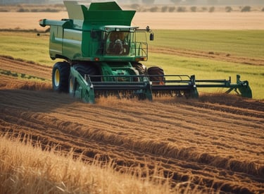 A farmer reviewing financial documents in a field with crops in the background.