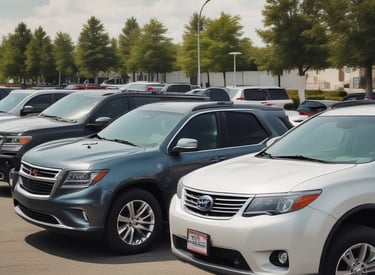 A diverse lineup of cars parked in a sunny driveway.
