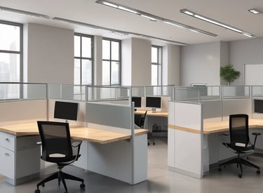 A modern office workstation setup featuring sleek furniture and organized workspace.