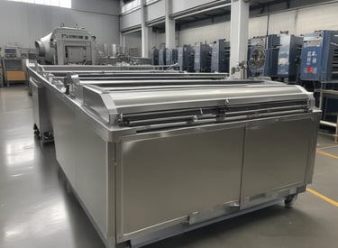 Three teal-colored industrial washing machines with silver accents are lined up side by side against a wooden wall. Each machine features a large circular window and coin slots above, with signs indicating pricing and instructions. Below the machines is a simple wooden bench.