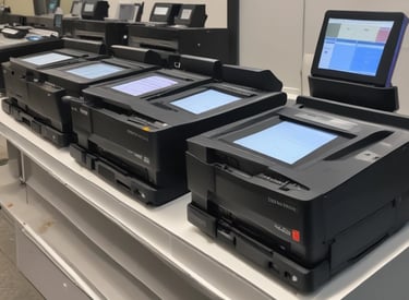 A busy exhibition booth featuring brands like Sony, Tamron, and DJI, where several people are interacting with product displays and browsing. The booth is well-lit with overhead lighting, and signs promote camera equipment and technology.