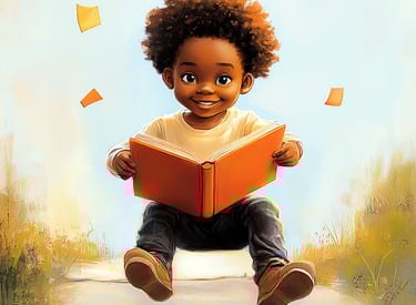Young black boy reading a book as he demonstrates the joy of finding knowledge that helps him.