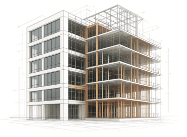 Architekturskizze eines modernen Skelettbaus
