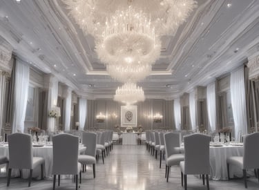 An interior space appears to be under renovation, featuring a large, decorative marble wall with an intricate pattern. Scaffolding, tools, and materials are scattered throughout the room, including a cart, power tools, and a table. The room is lit by natural light coming through large windows, adding to the sense of openness.
