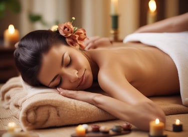 A serene and well-lit massage therapy room features a massage table adorned with scattered rose petals. The room has soft green walls with a floral accent wall in the back. A hanging white robe and a modern chair are present, along with a glass shower enclosure. The ceiling has recessed lighting, contributing to a calming atmosphere.