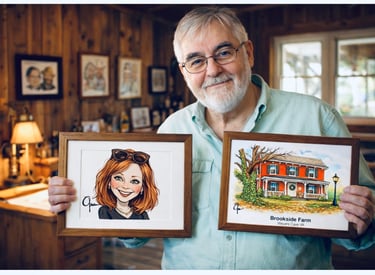 Opa crafts caricatures of people, places, and animals too.