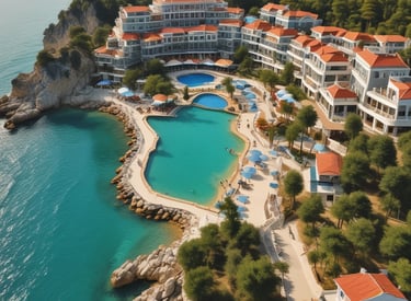 a pool with palm trees and a mountain in the background