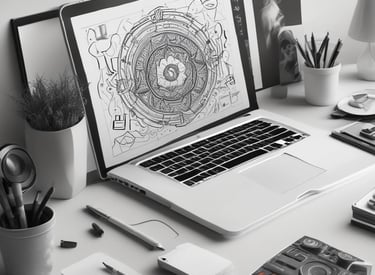 A MacBook Pro laptop displaying a software development environment with code on the screen. The desktop interface includes a smartphone emulator showing various application screens. The scene conveys a tech-focused workspace on a wooden surface.