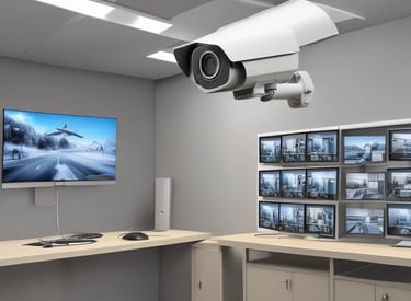 A MacBook Pro laptop displaying a software development environment with code on the screen. The desktop interface includes a smartphone emulator showing various application screens. The scene conveys a tech-focused workspace on a wooden surface.