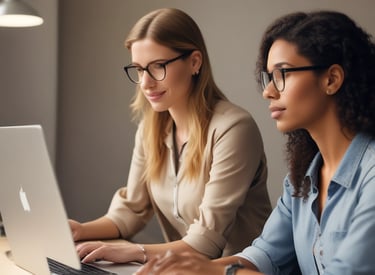 two women sitting at a table with a laptop