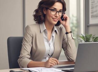 a woman in glasses and a suit jacket talking on a cell phone