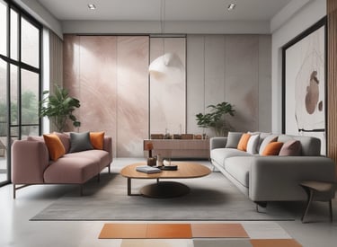 A designer discussing renovation plans with a homeowner over blueprints in a bright living room.