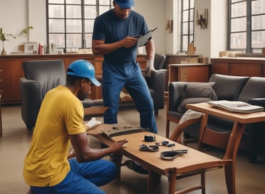 two men in blue overalls and a sink