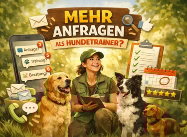 KI generiertes Bild. Hundetrainerin mit Hunden. im Hintergrund steht Mehr anfragen als Hundetrainer?