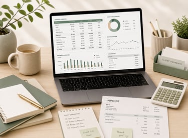 Laptop showing a business finance dashboard with invoices, calculator, client payment folder, notebo