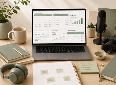 Laptop showing a creator dashboard with content calendar, launch planner, revenue tracker, microphon