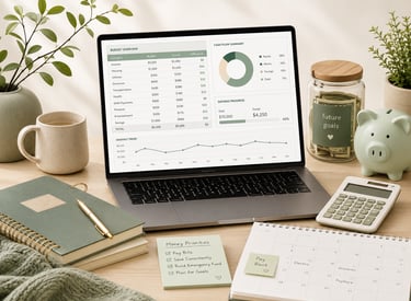 Laptop showing a budget spreadsheet dashboard on a calm desk with savings jar, piggy bank, calculato
