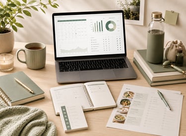 Laptop showing a habit and life planning dashboard with wellness tools, meal planner, checklist, not
