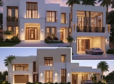 A sleek, modern residential building with warm lighting against a twilight sky.