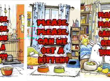 kittens, puppies, and rabbits depicted in children's books from the series Please, Please, Can We.